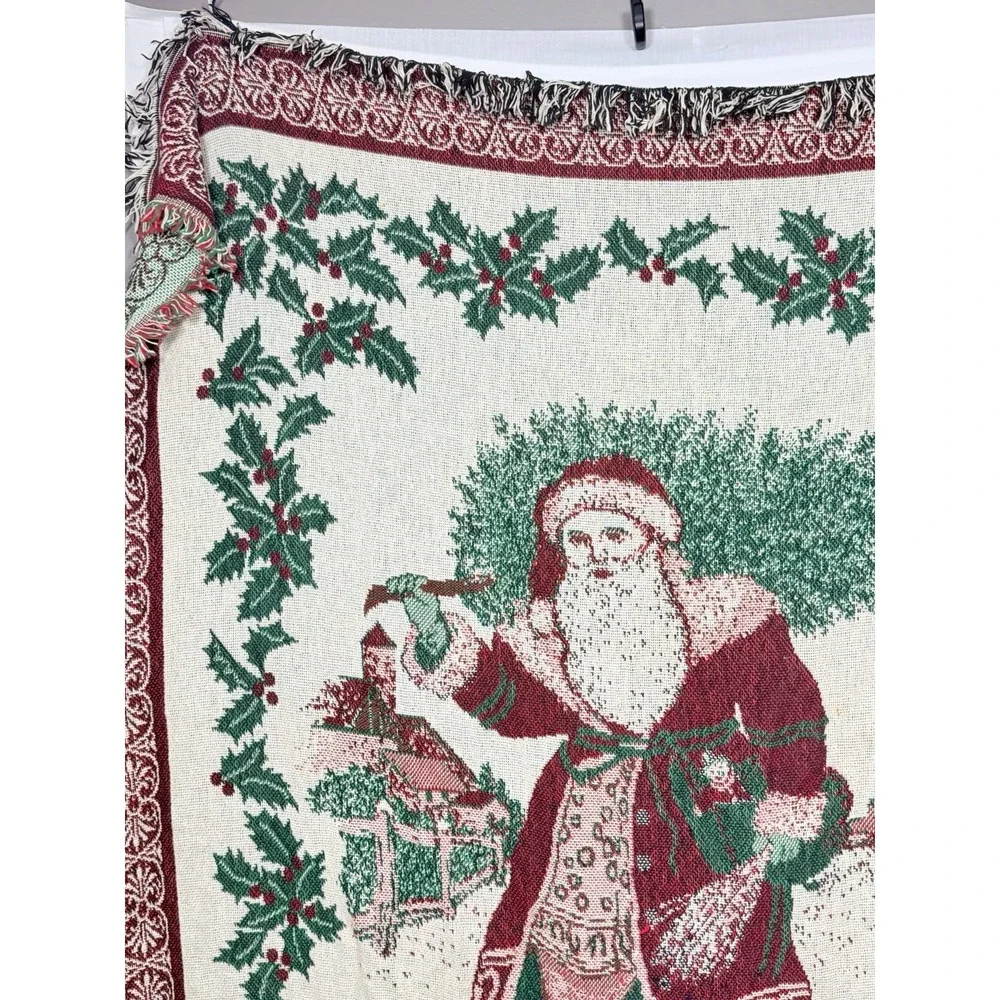 Vintage Avon Woven Christmas Santa Throw Blanket Tapestry Afghan Holly Fringe